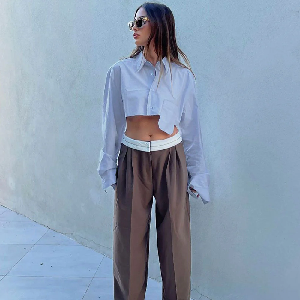 Oversized Long Sleeve Button Down Pointed Collar Cropped Shirt - Baby Blue - Image 4
