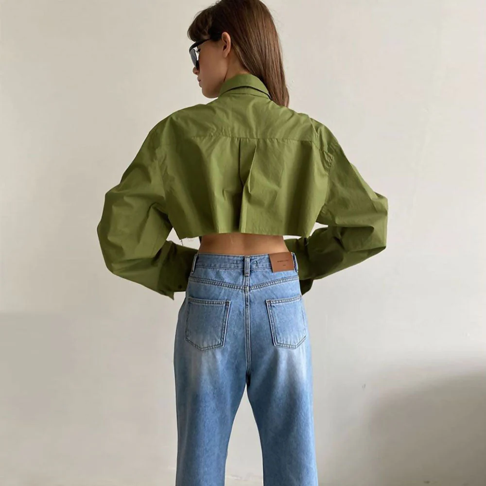Oversized Long Sleeve Button Down Pointed Collar Cropped Shirt - Green - Image 4