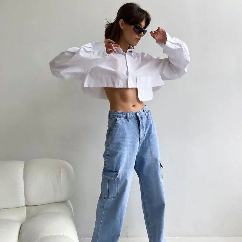 Oversized Long Sleeve Button Down Pointed Collar Cropped Shirt - White - Image 2