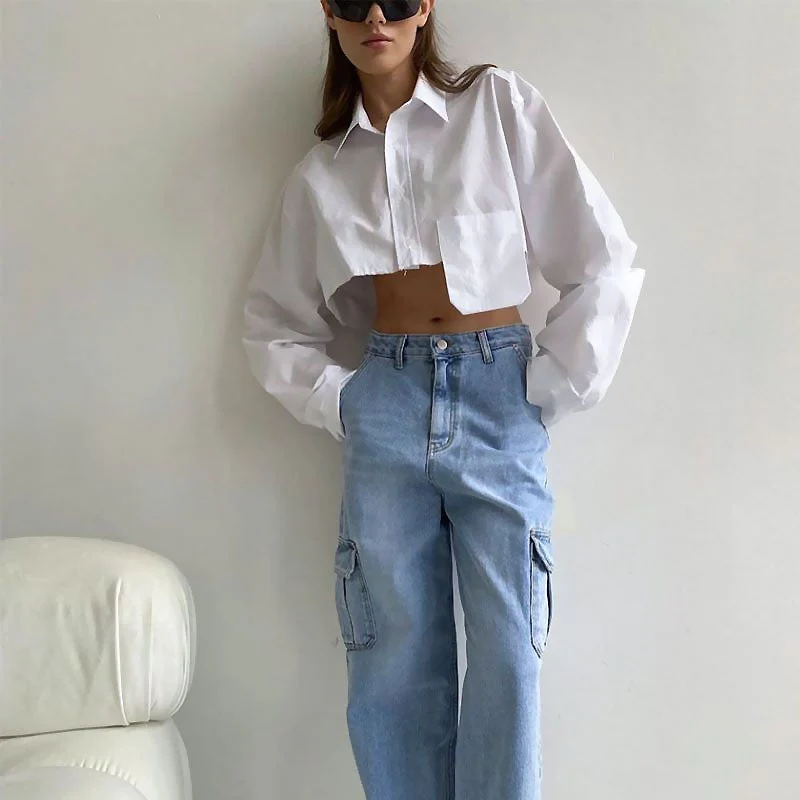 Oversized Long Sleeve Button Down Pointed Collar Cropped Shirt - White - Image 3