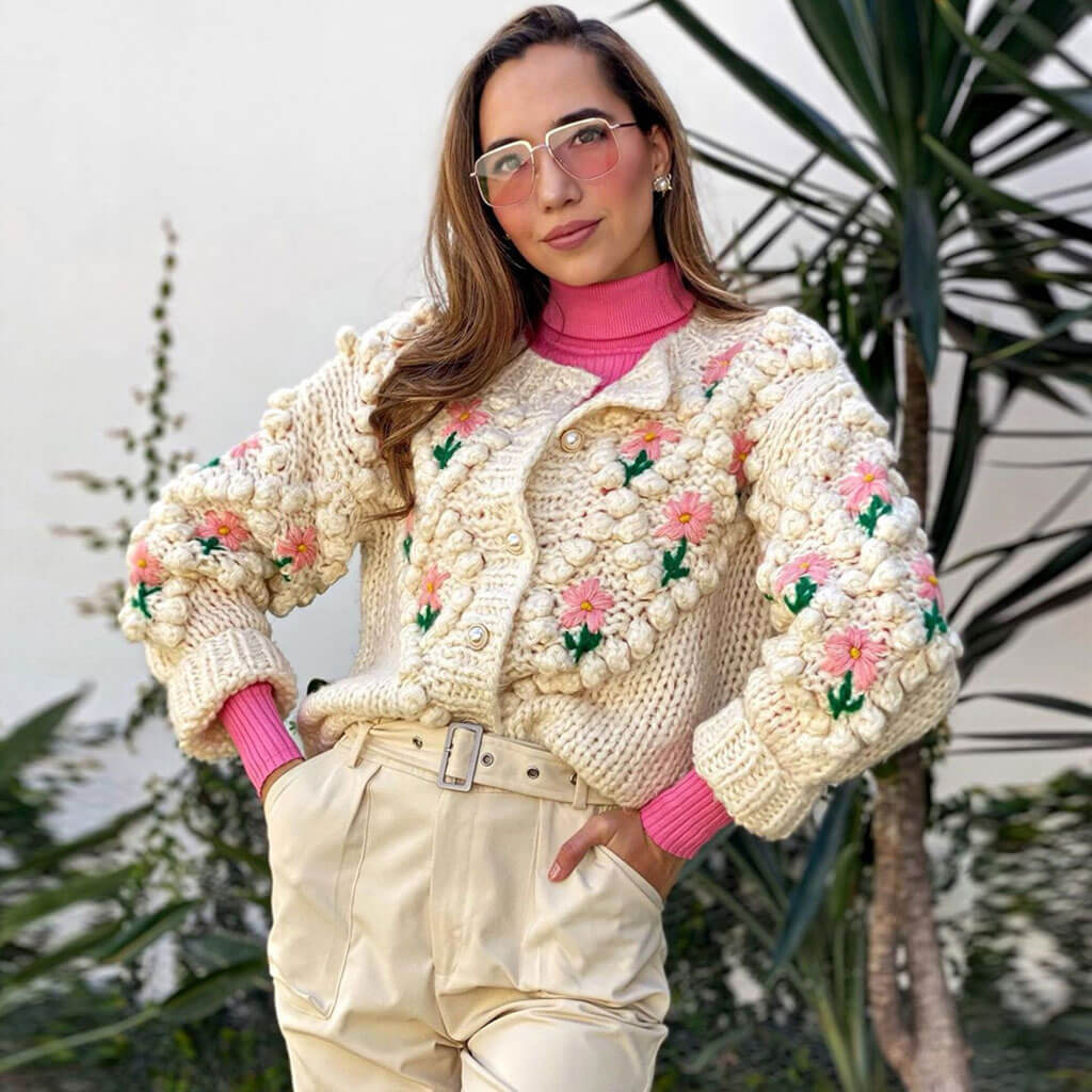 Oversized Long Sleeve Button Up Crochet Floral Cardigan - Apricot - Image 3