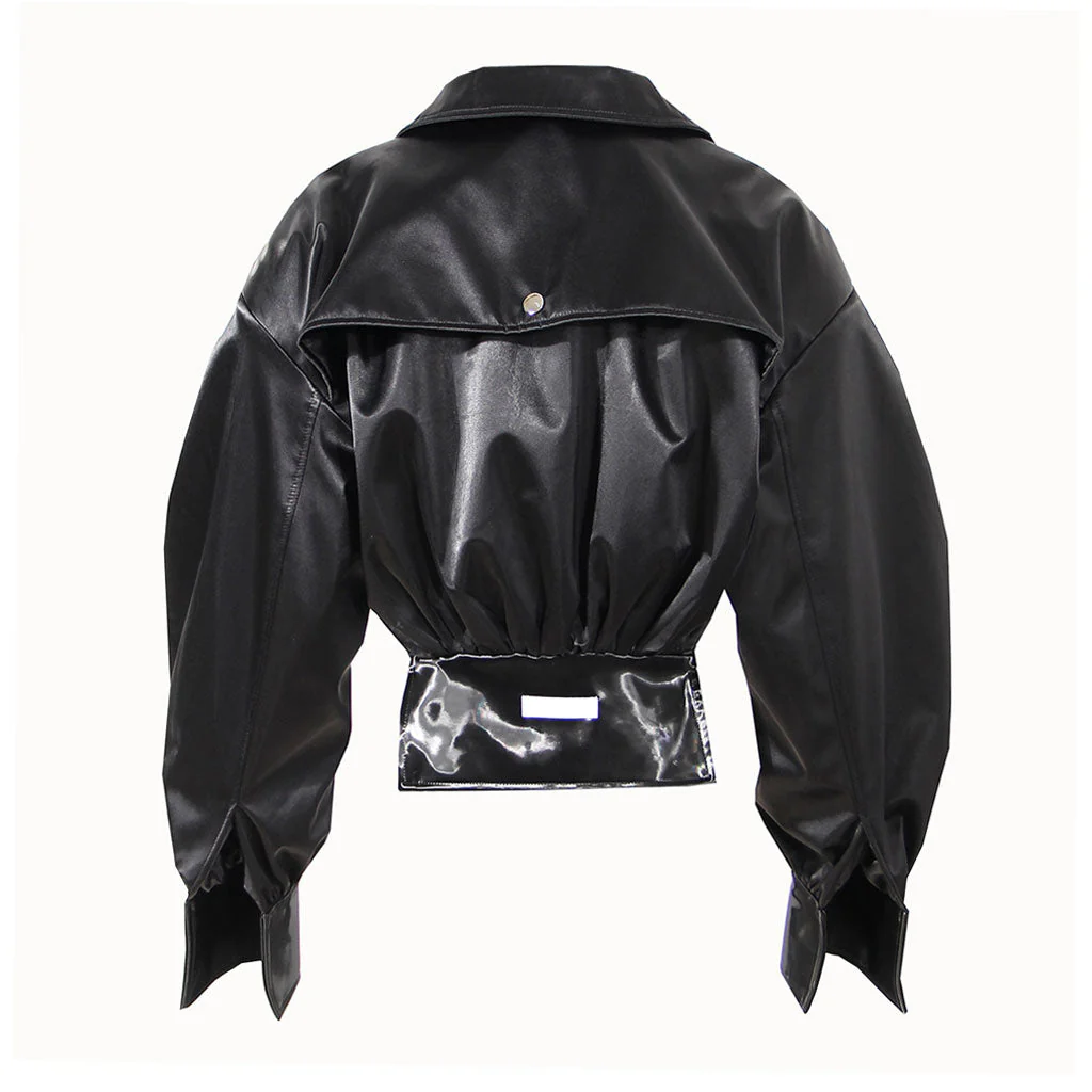Oversized Long Sleeve Collared Vegan Leather Zip Up Cropped Jacket - Image 2
