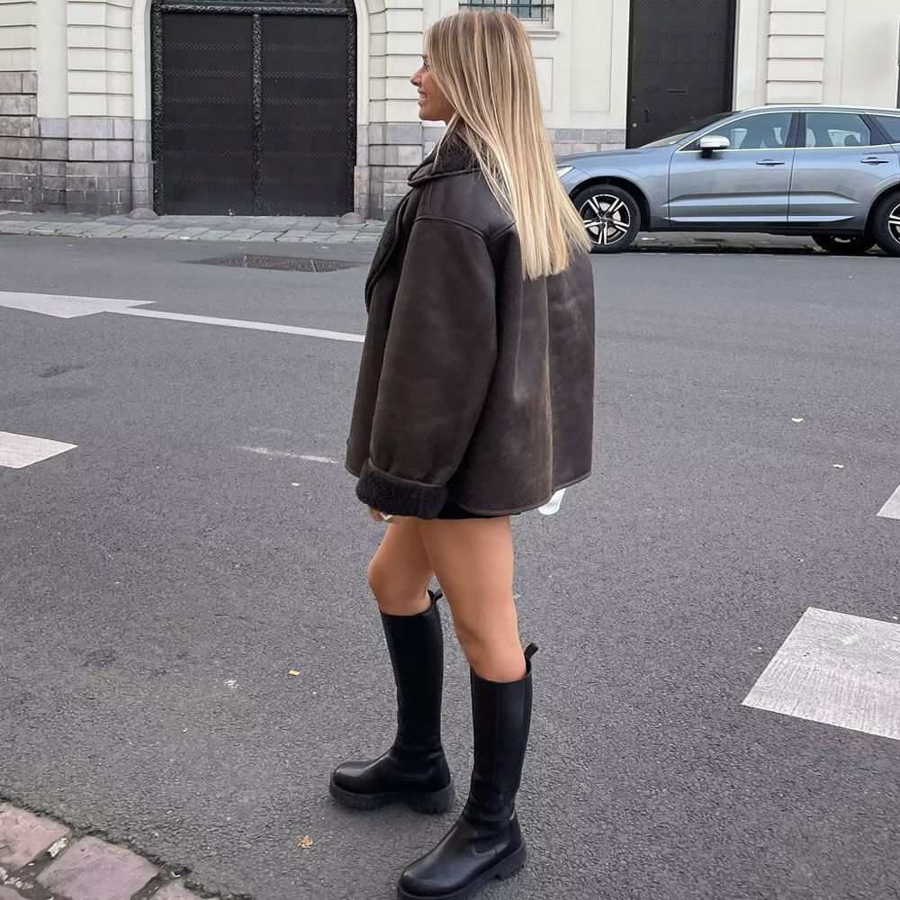 Oversized Notch Collar Button Up Long Sleeve Faux Suede Shearling Coat - Coffee - Image 3