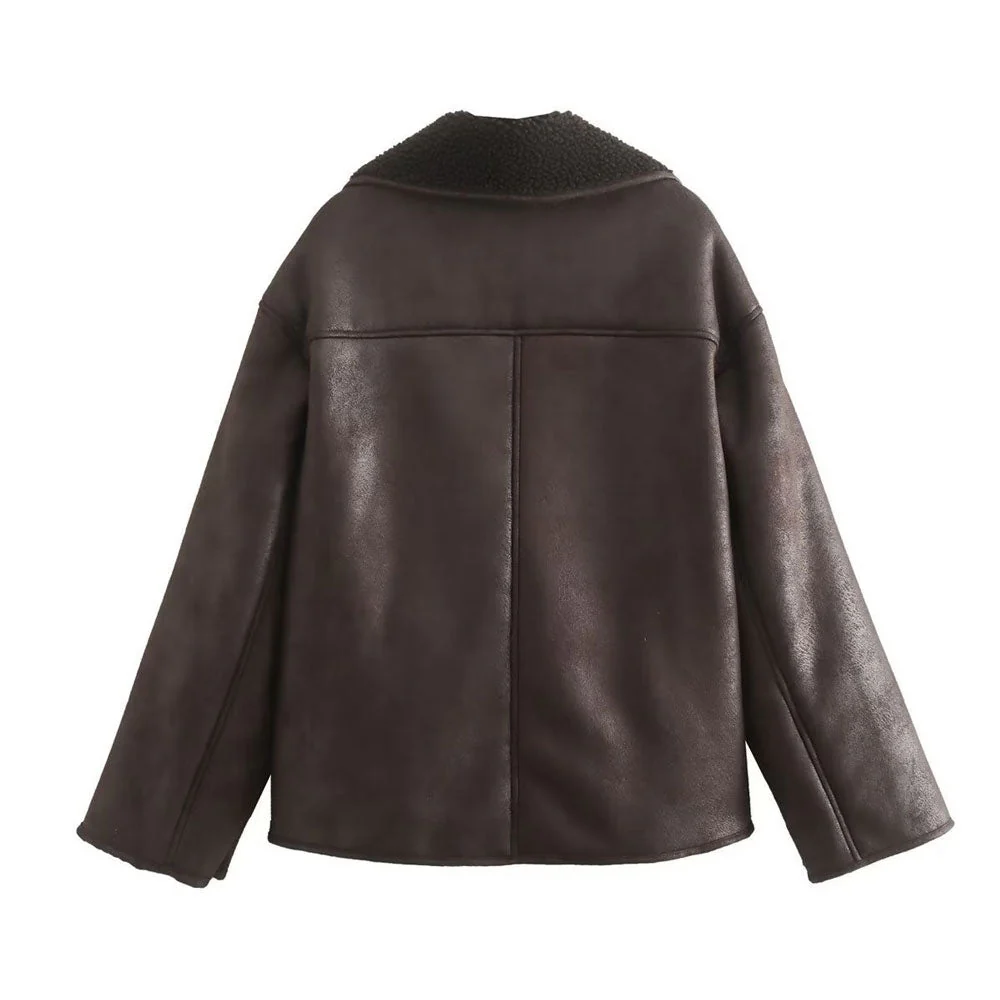 Oversized Notch Collar Button Up Long Sleeve Faux Suede Shearling Coat - Coffee - Image 4