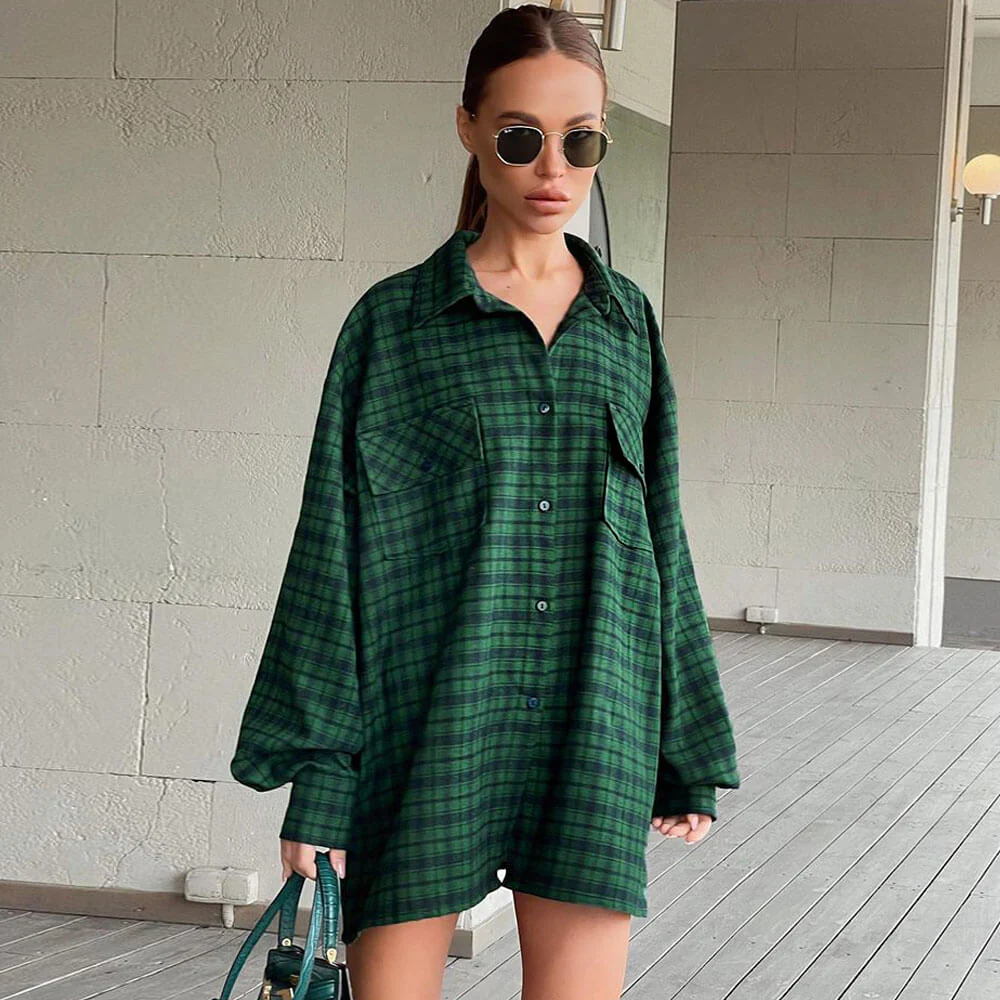 Oversized Plaid Drop Shoulder Bishop Sleeve Button Up Shirt - Emerald Green - Image 2