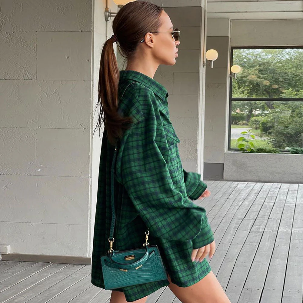 Oversized Plaid Drop Shoulder Bishop Sleeve Button Up Shirt - Emerald Green - Image 3