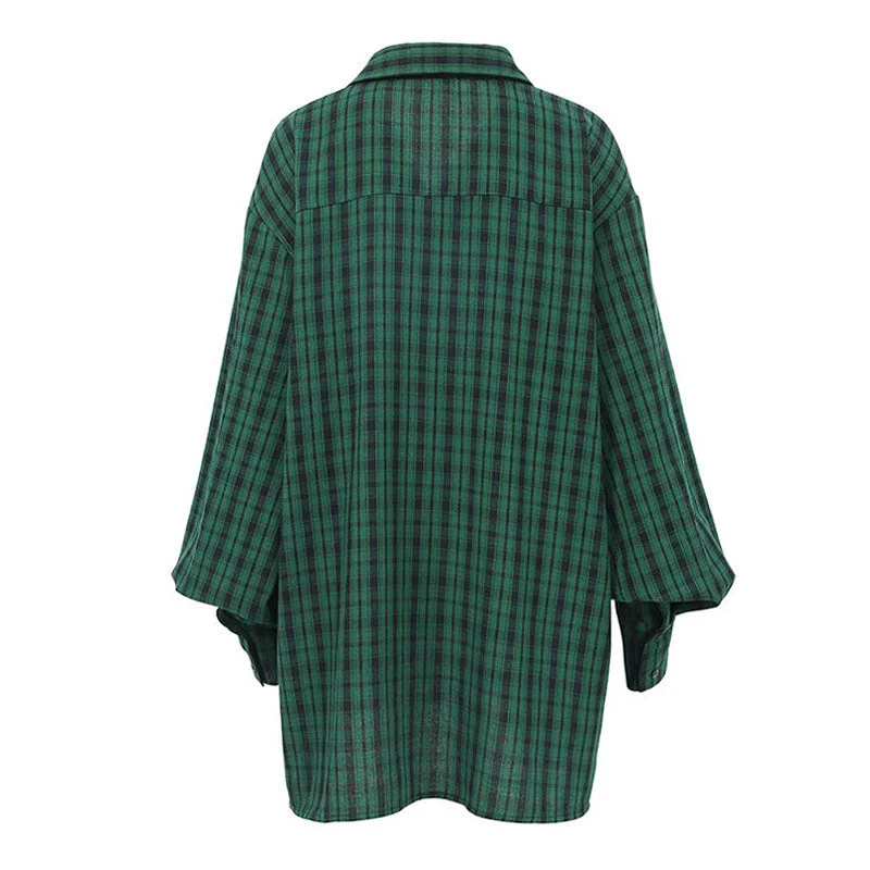 Oversized Plaid Drop Shoulder Bishop Sleeve Button Up Shirt - Emerald Green - Image 4