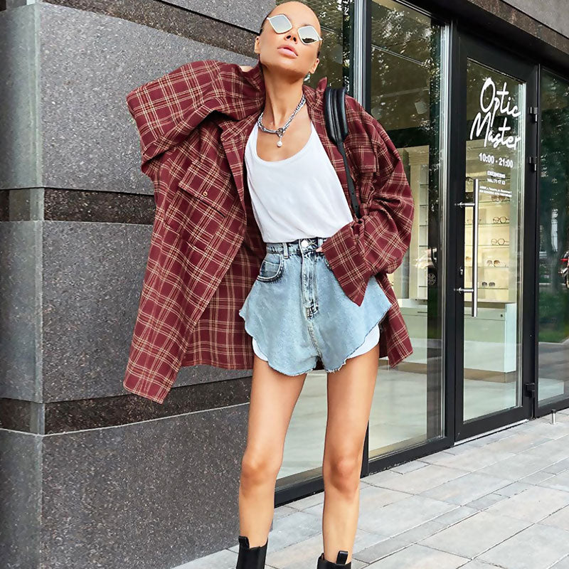Oversized Plaid Print Button Up Bishop Sleeve Pointed Collar Shirt - Burgundy - Image 3