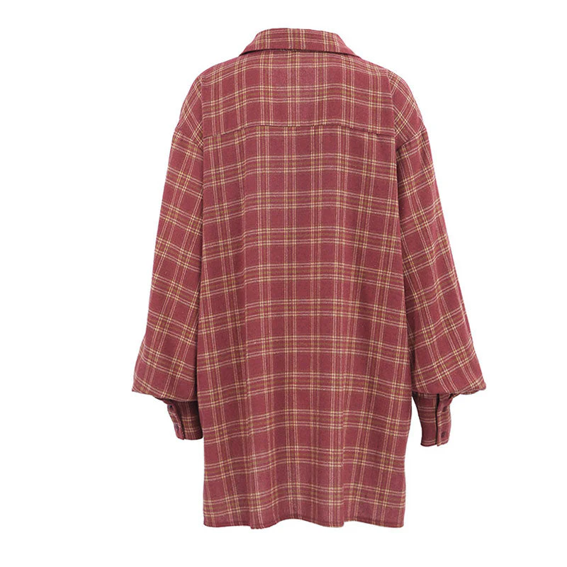 Oversized Plaid Print Button Up Bishop Sleeve Pointed Collar Shirt - Burgundy - Image 5