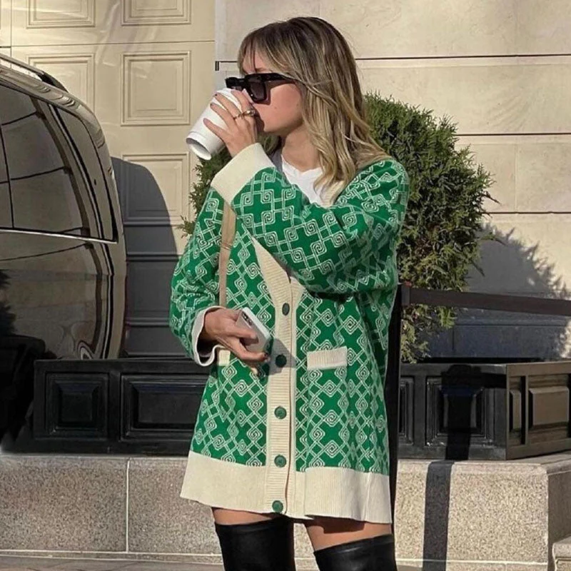 Oversized Plaid Print V Neck Button Up Long Sleeve Ribbed Cardigan - Green - Image 2