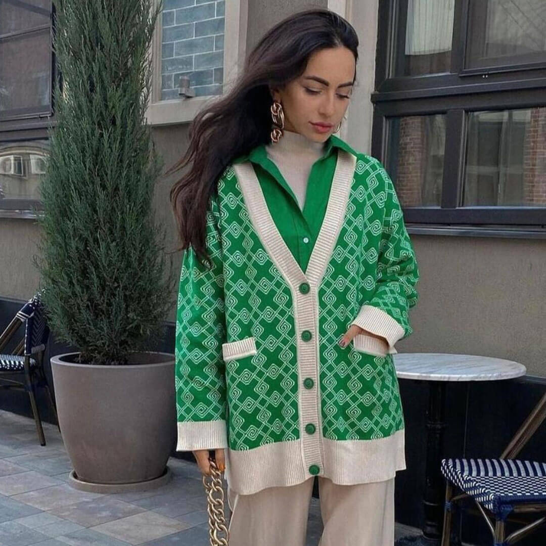 Oversized Plaid Print V Neck Button Up Long Sleeve Ribbed Cardigan - Green - Image 3