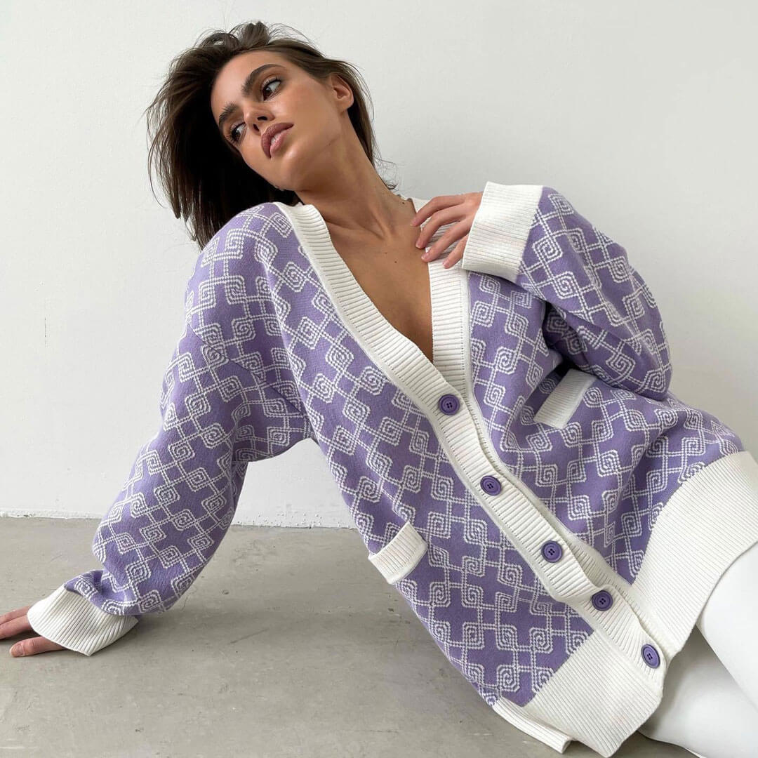 Oversized Plaid Print V Neck Button Up Long Sleeve Ribbed Cardigan - Purple - Image 3