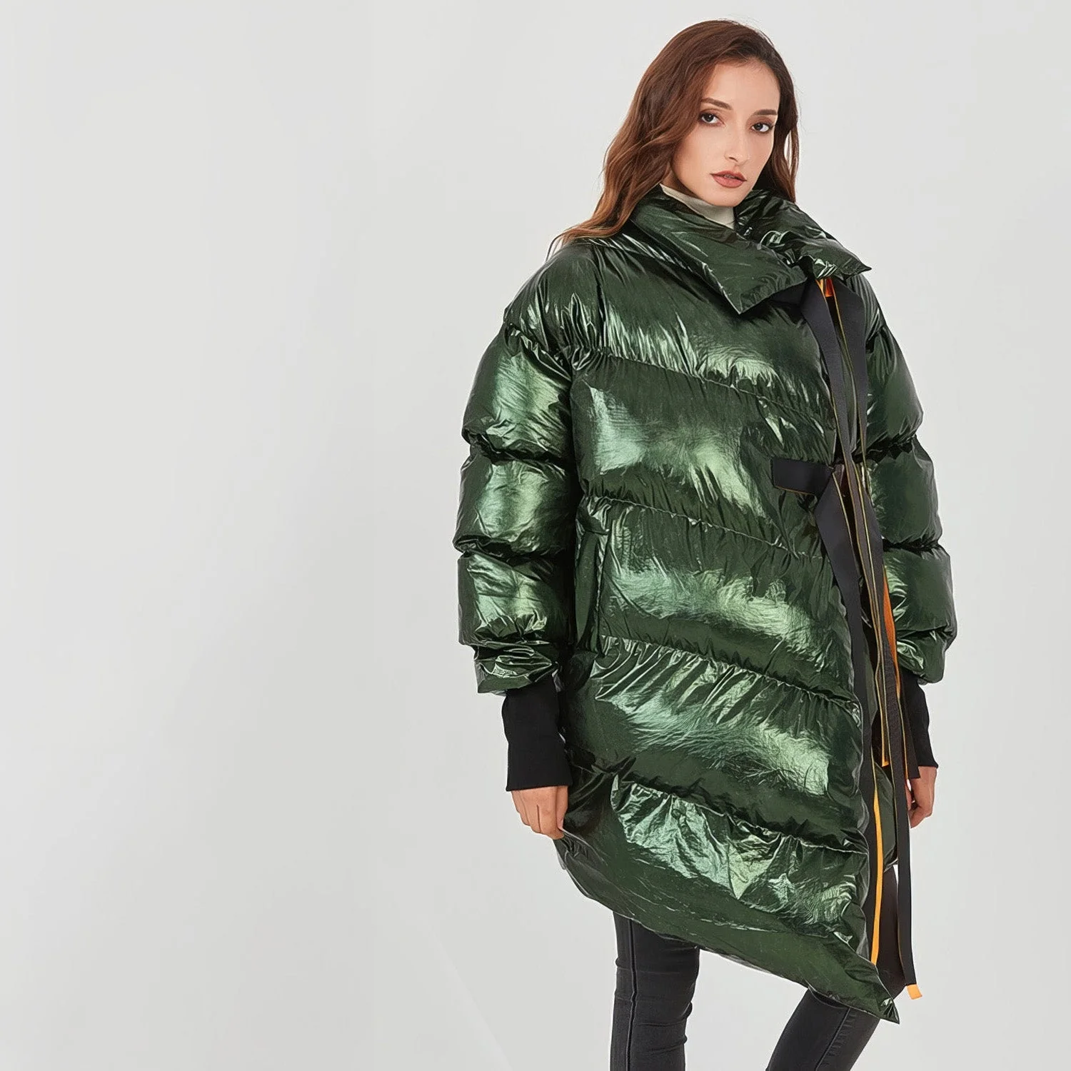 DARK GREEN OVERSIZED Puffer Jacket with IRREGULAR HEM - Image 2