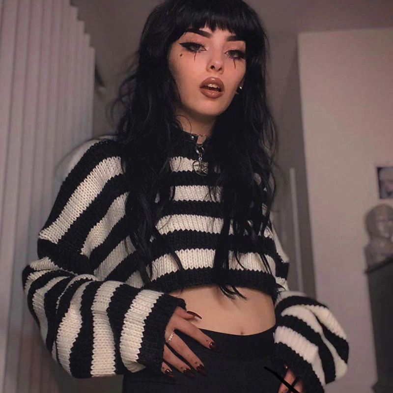 Oversized Pullover Long Sleeve Cropped Striped Sweater - Stripe - Image 2