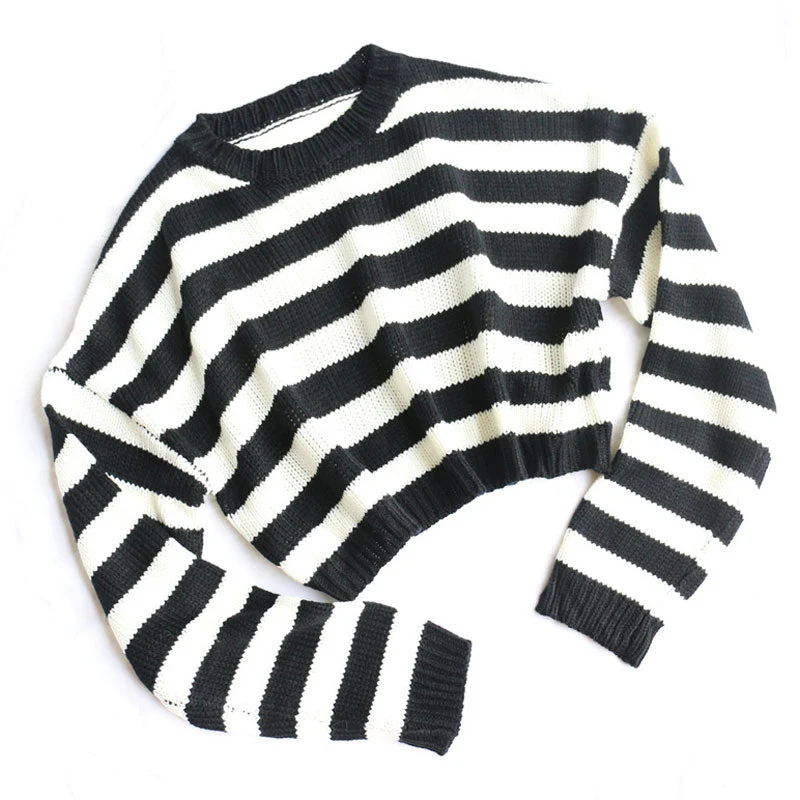 Oversized Pullover Long Sleeve Cropped Striped Sweater - Stripe - Image 3