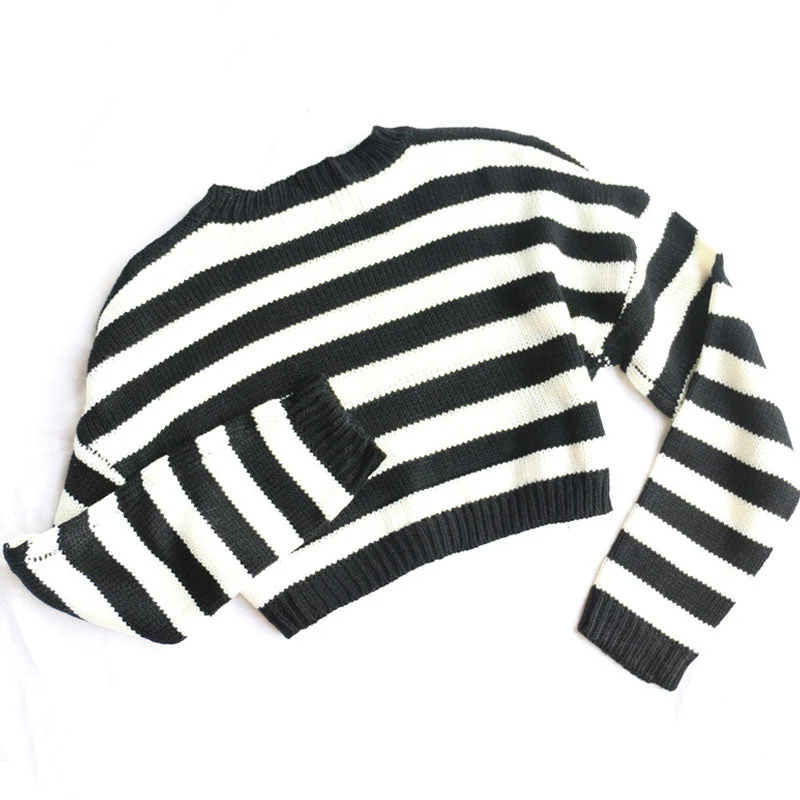Oversized Pullover Long Sleeve Cropped Striped Sweater - Stripe - Image 4