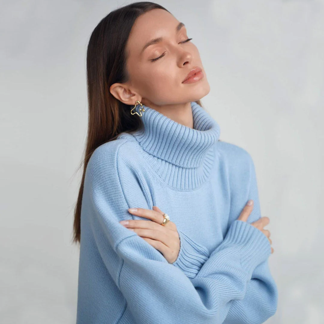 Oversized Rib Knit High Low Turtleneck Long Sleeve Sweater - Baby Blue - Image 2
