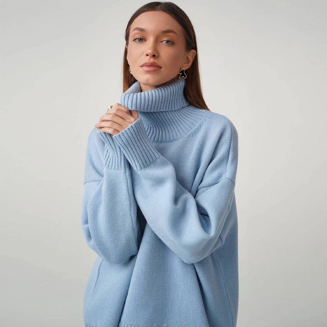 Oversized Rib Knit High Low Turtleneck Long Sleeve Sweater - Baby Blue - Image 3