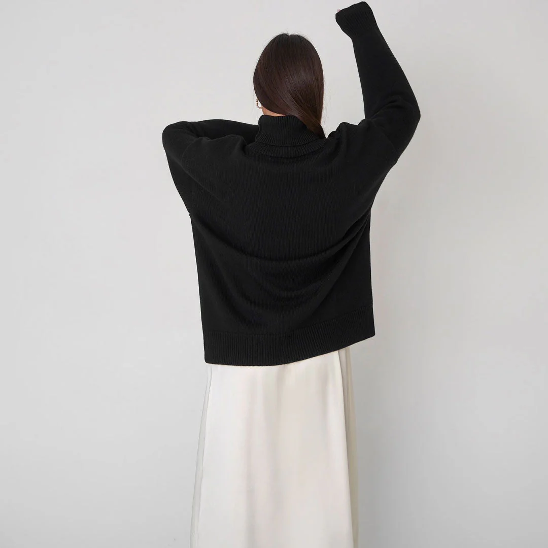 Oversized Rib Knit High Low Turtleneck Long Sleeve Sweater - Black - Image 2