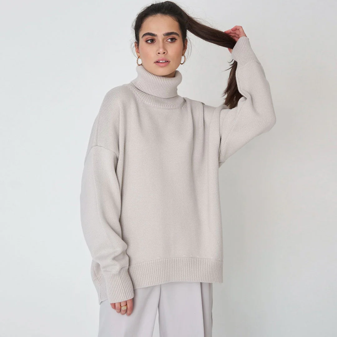 Oversized Rib Knit High Low Turtleneck Long Sleeve Sweater - Gray - Image 2