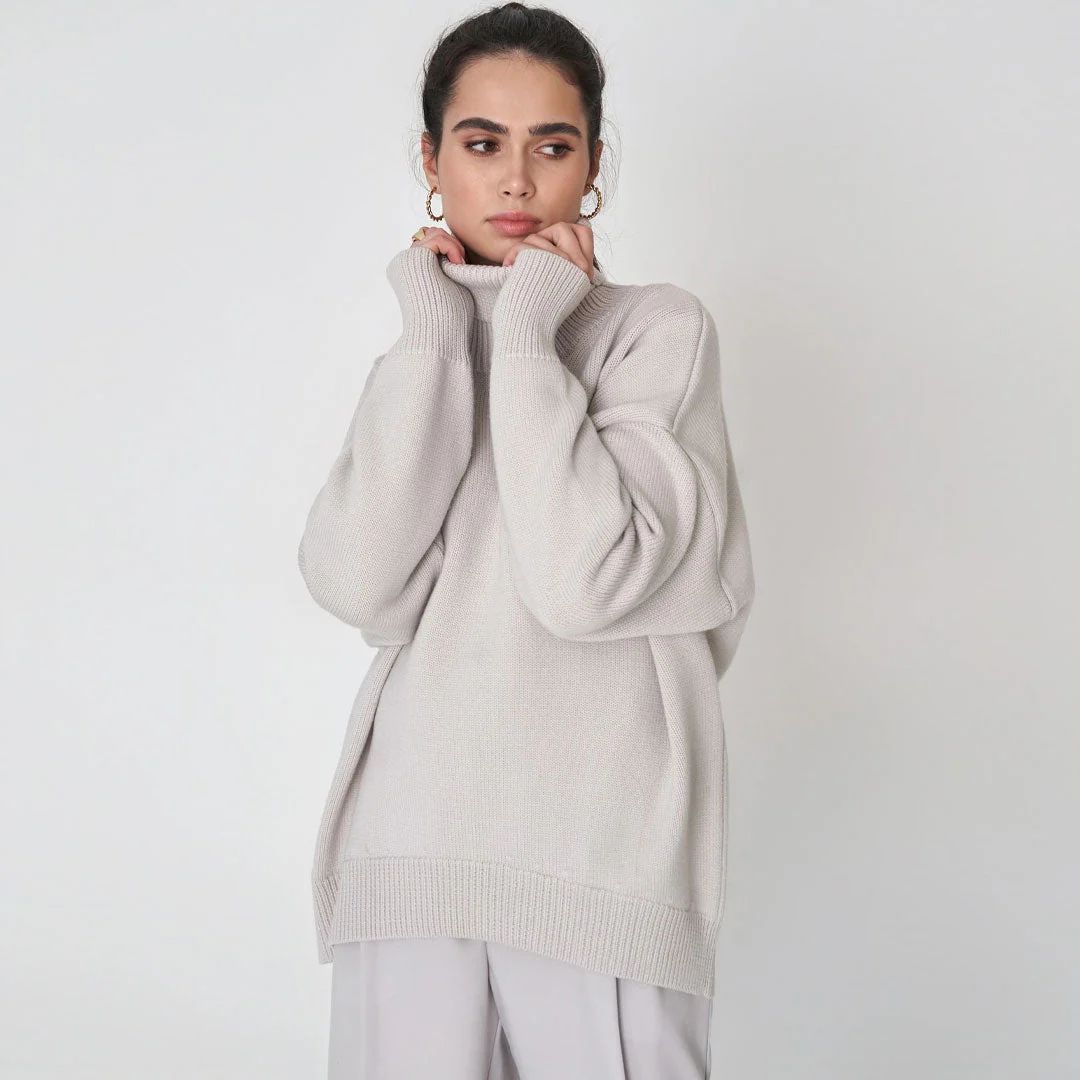 Oversized Rib Knit High Low Turtleneck Long Sleeve Sweater - Gray - Image 3