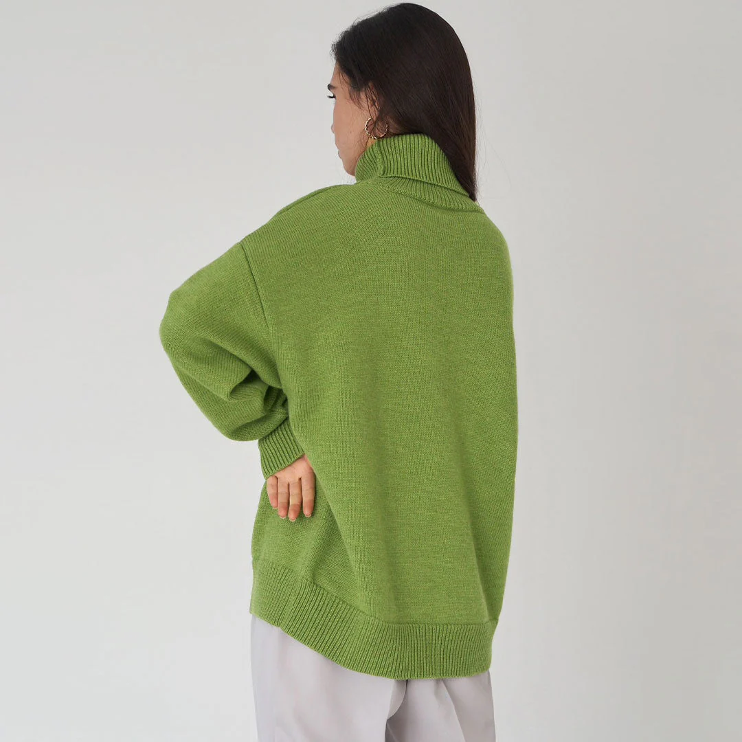 Oversized Rib Knit High Low Turtleneck Long Sleeve Sweater - Olive - Image 2