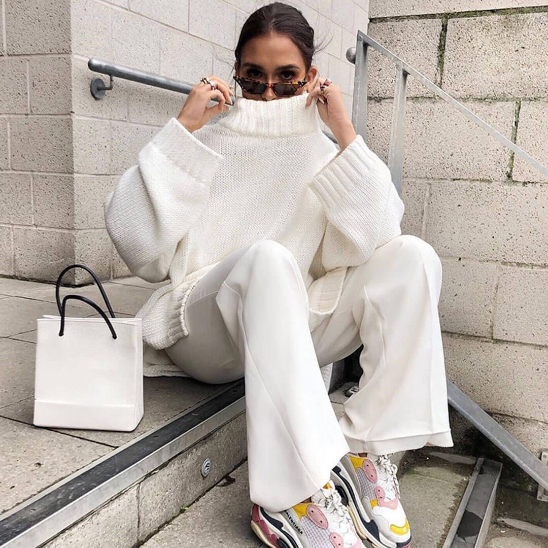 Oversized Rib Knit Mock Neck Drop Shoulder Long Sleeve Sweater - White - Image 2