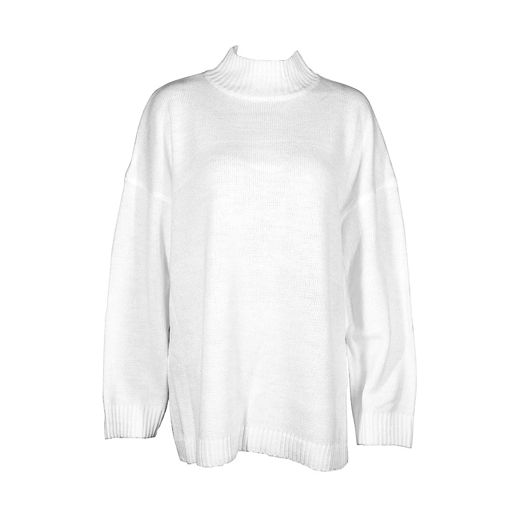 Oversized Rib Knit Mock Neck Drop Shoulder Long Sleeve Sweater - White - Image 3