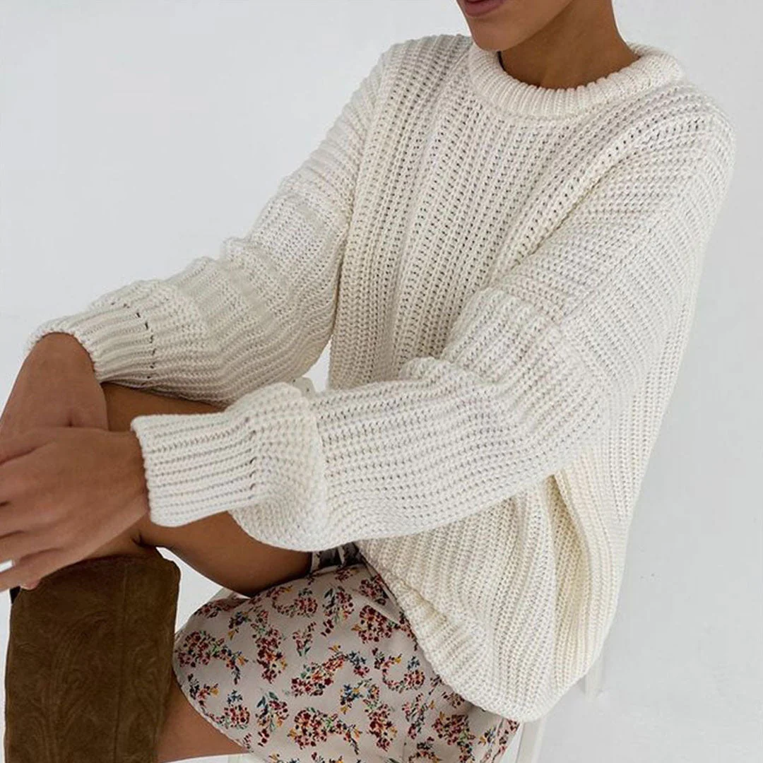 Oversized Ribbed Candy Color Crewneck Pullover Sweater - Beige - Image 3