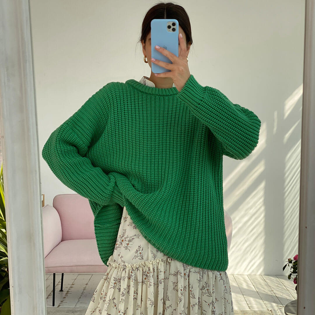 Oversized Ribbed Candy Color Crewneck Pullover Sweater - Green - Image 2