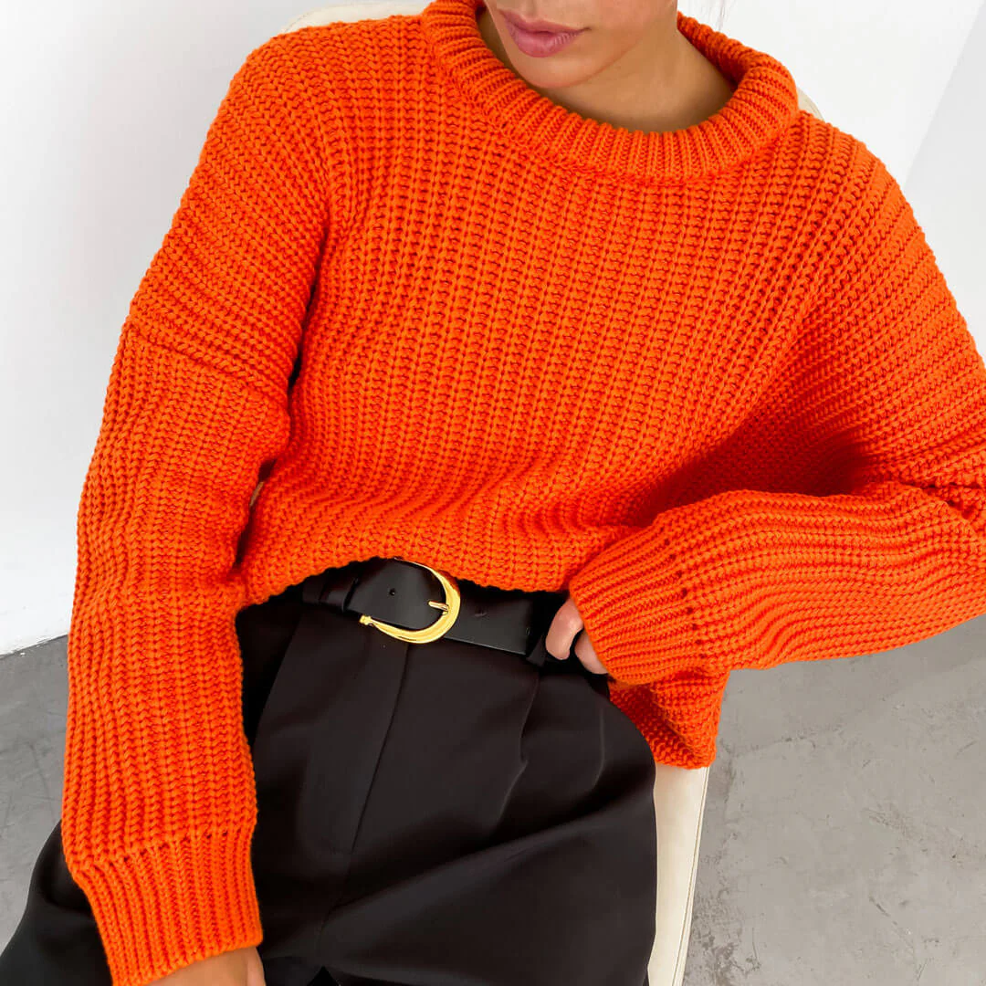 Oversized Ribbed Candy Color Crewneck Pullover Sweater - Orange - Image 2