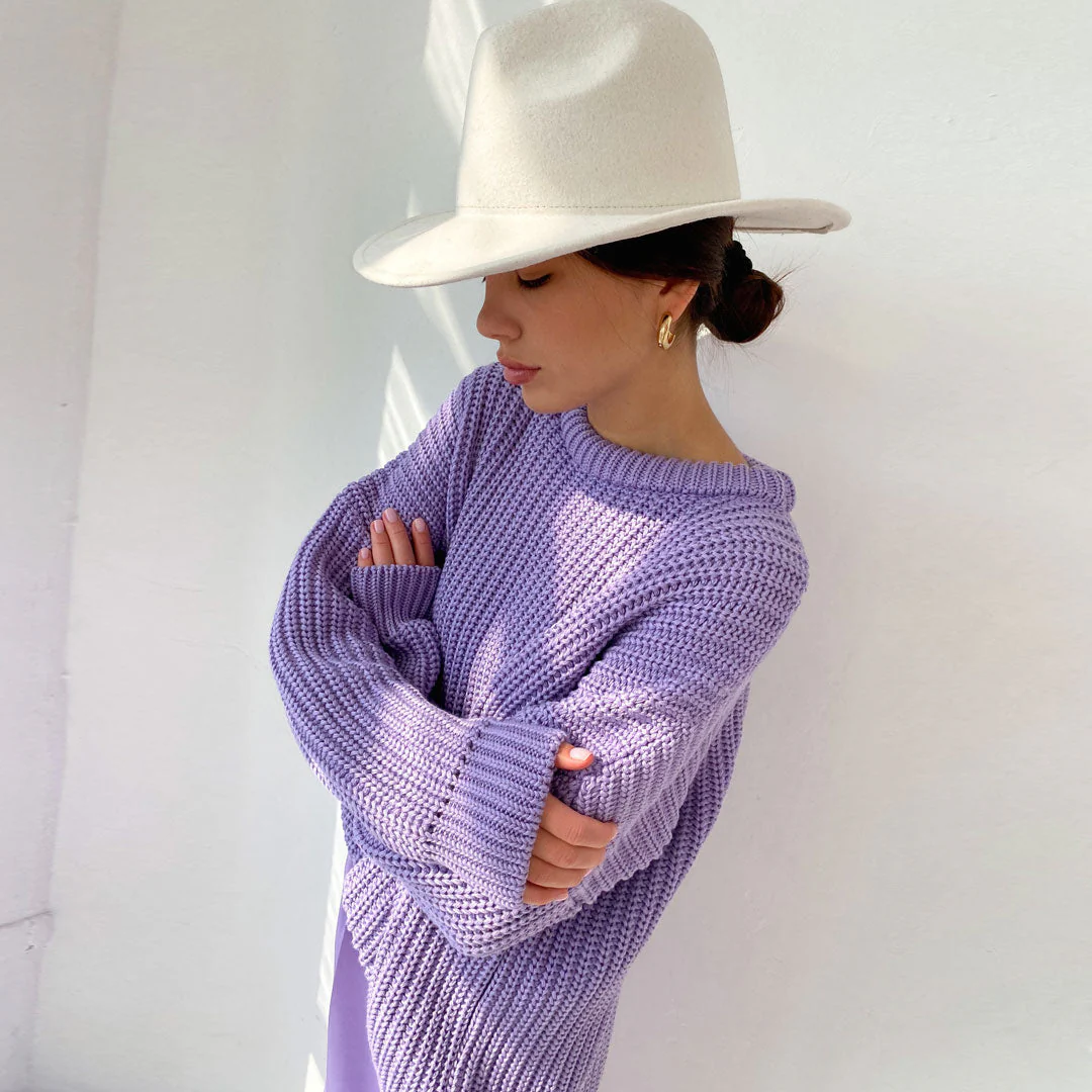 Oversized Ribbed Candy Color Crewneck Pullover Sweater - Purple - Image 2