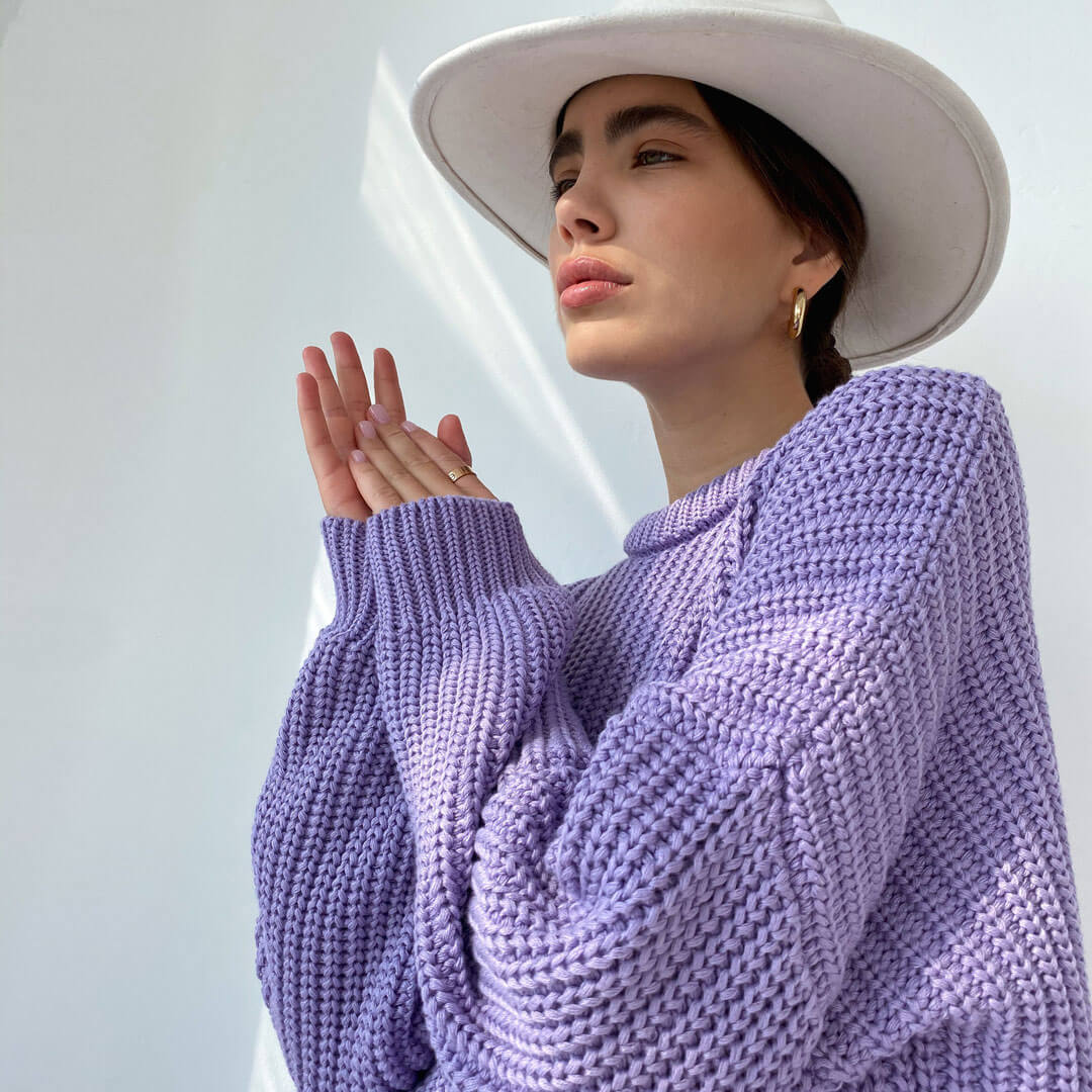 Oversized Ribbed Candy Color Crewneck Pullover Sweater - Purple - Image 3