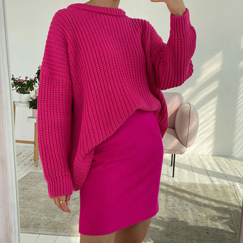 Oversized Ribbed Candy Color Crewneck Pullover Sweater - Rose - Image 2