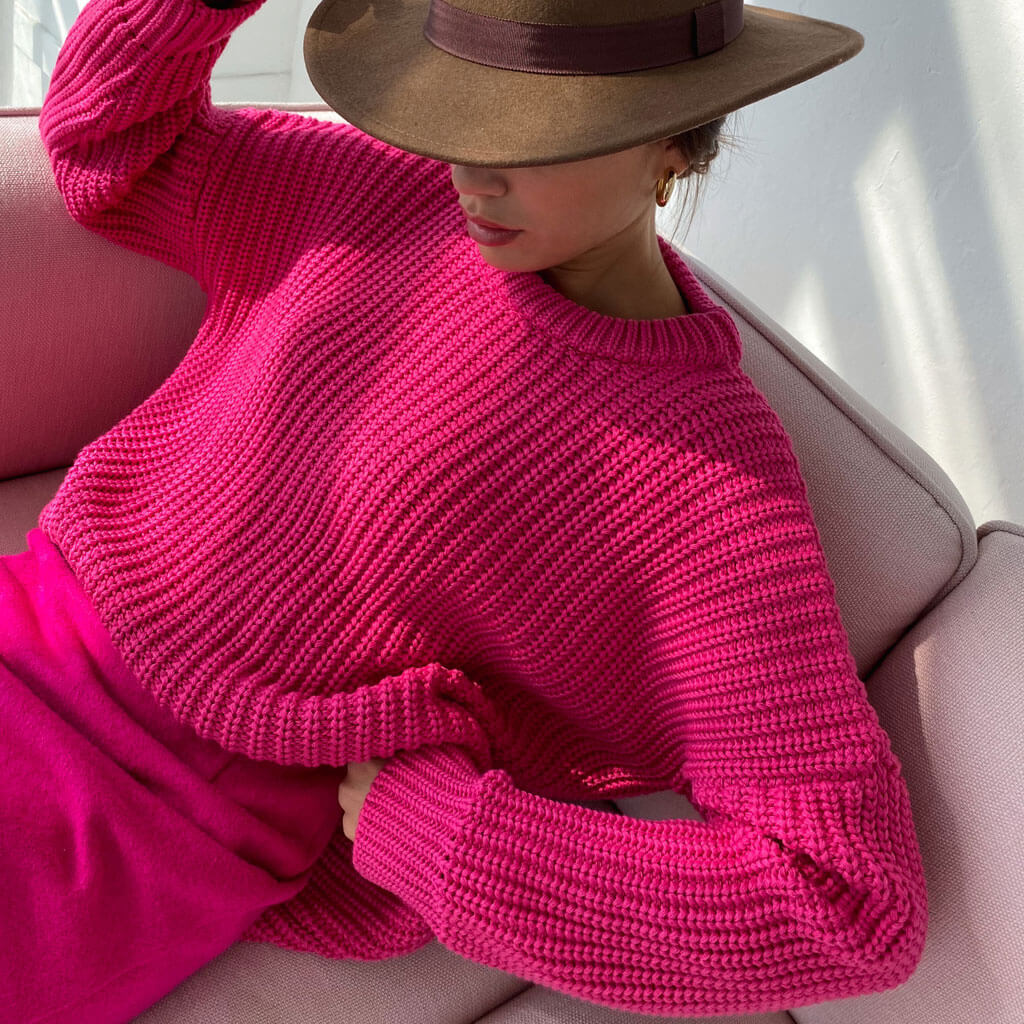 Oversized Ribbed Candy Color Crewneck Pullover Sweater - Rose - Image 3
