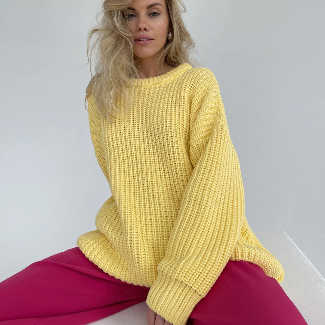 Oversized Ribbed Candy Color Crewneck Pullover Sweater - Yellow - Image 2
