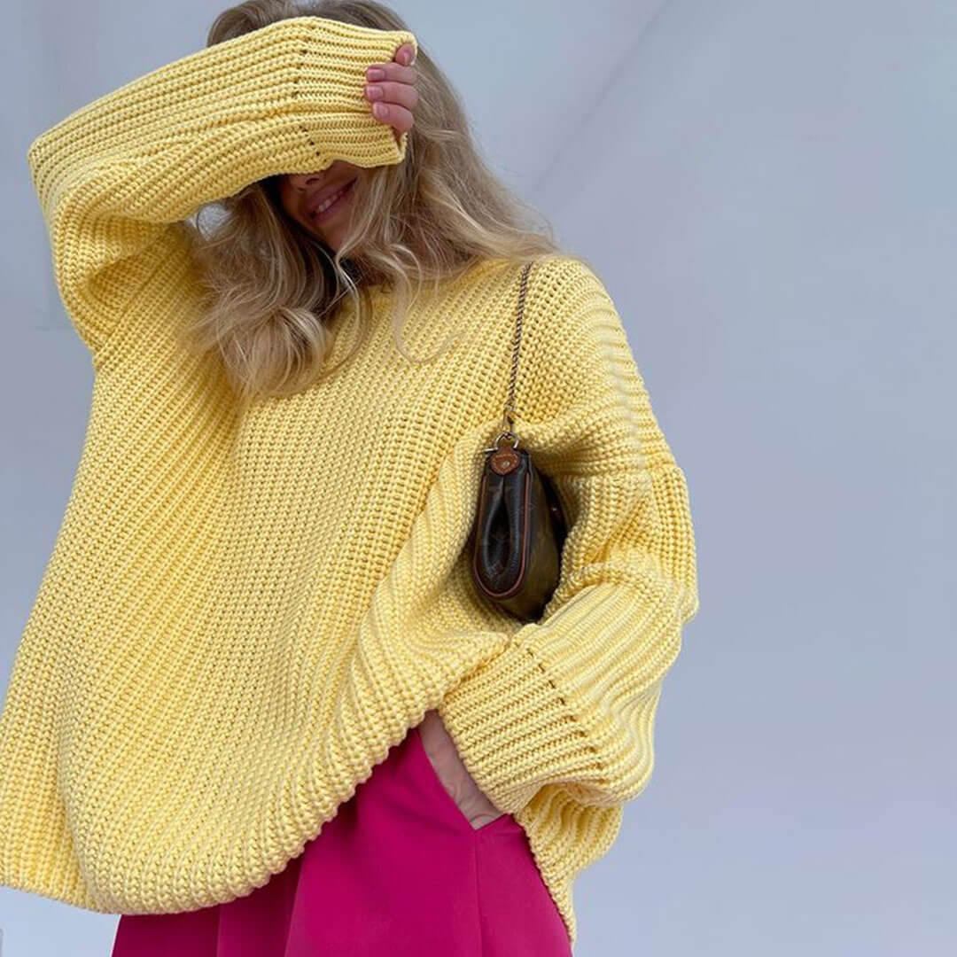 Oversized Ribbed Candy Color Crewneck Pullover Sweater - Yellow - Image 4