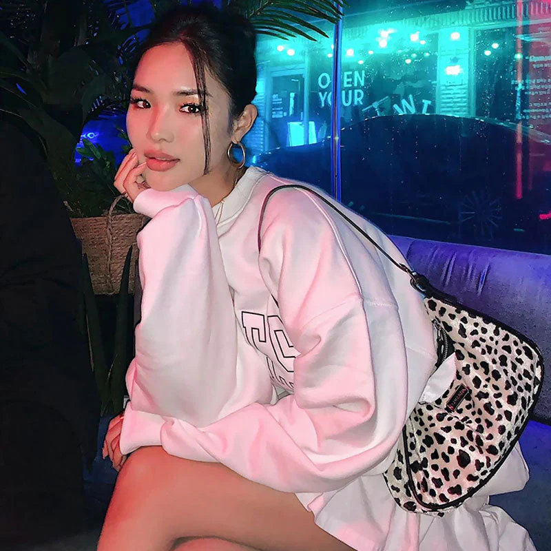Oversized Ribbed Letter Print Drop Shoulder Long Sleeve Sweatshirt - White - Image 3