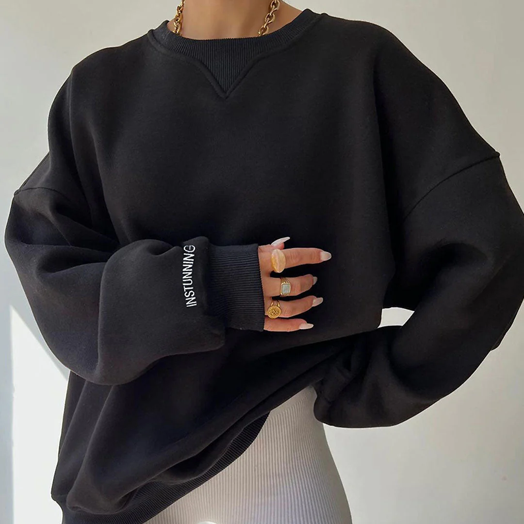 Oversized Ribbed Lettering Trim Drop Shoulder Long Sleeve Sweatshirt - Black - Image 2