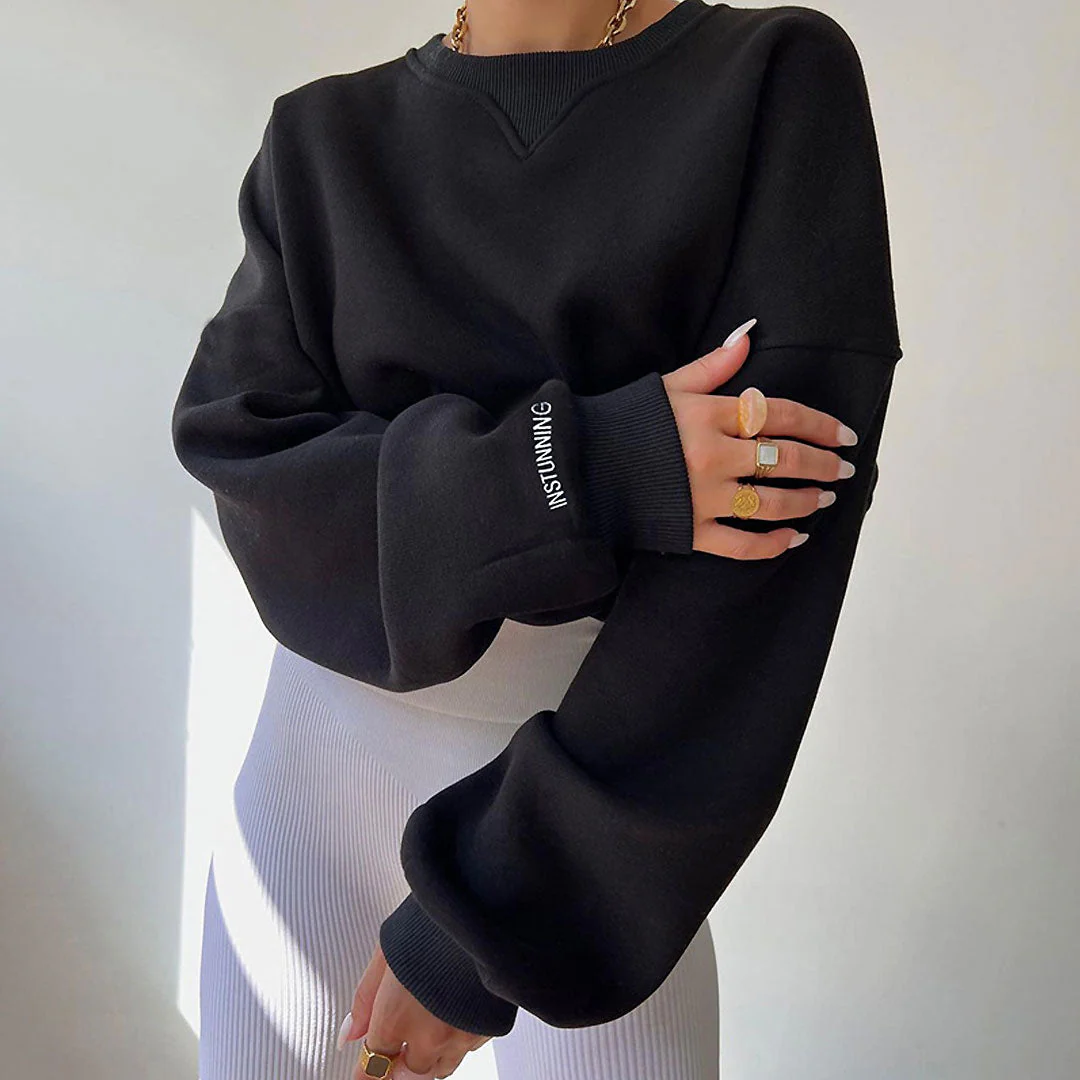 Oversized Ribbed Lettering Trim Drop Shoulder Long Sleeve Sweatshirt - Black - Image 3