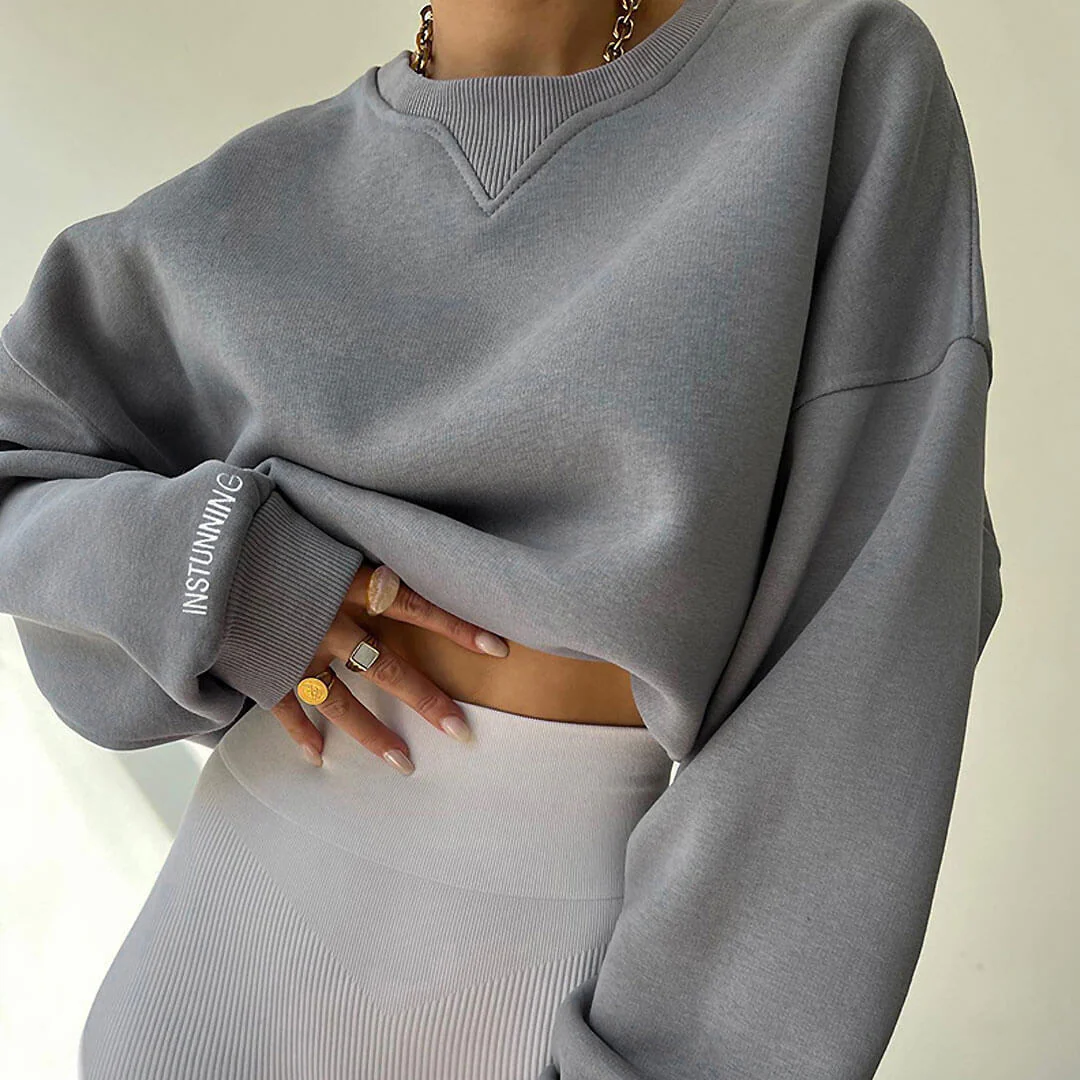 Oversized Ribbed Lettering Trim Drop Shoulder Long Sleeve Sweatshirt - Gray - Image 2