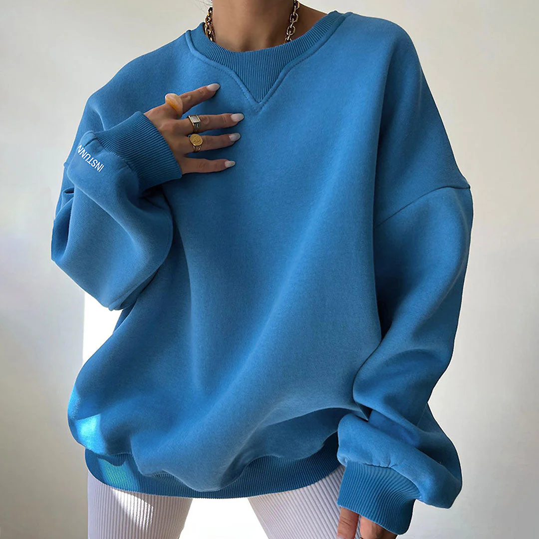 Oversized Ribbed Lettering Trim Drop Shoulder Long Sleeve Sweatshirt - Royal Blue - Image 2