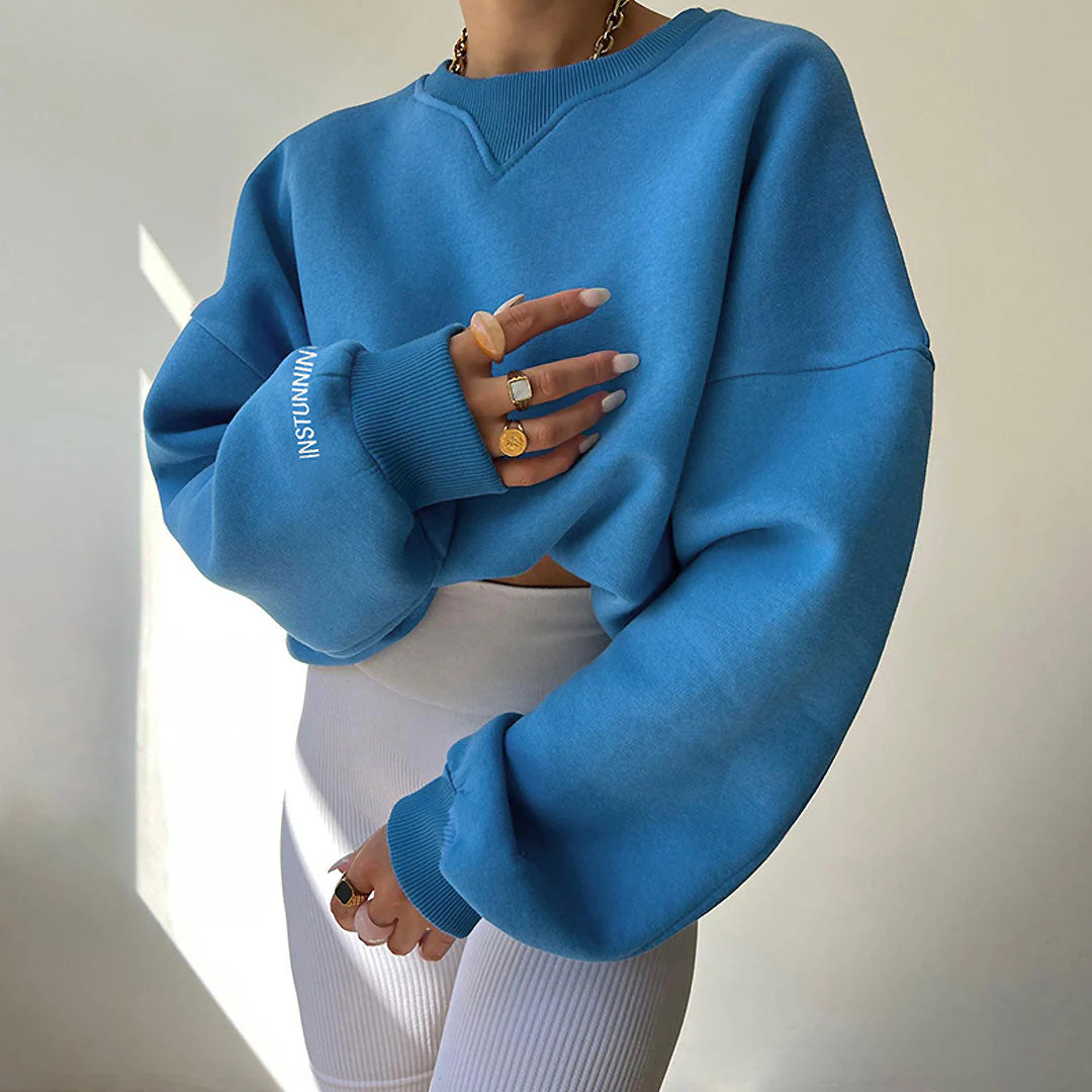 Oversized Ribbed Lettering Trim Drop Shoulder Long Sleeve Sweatshirt - Royal Blue - Image 3