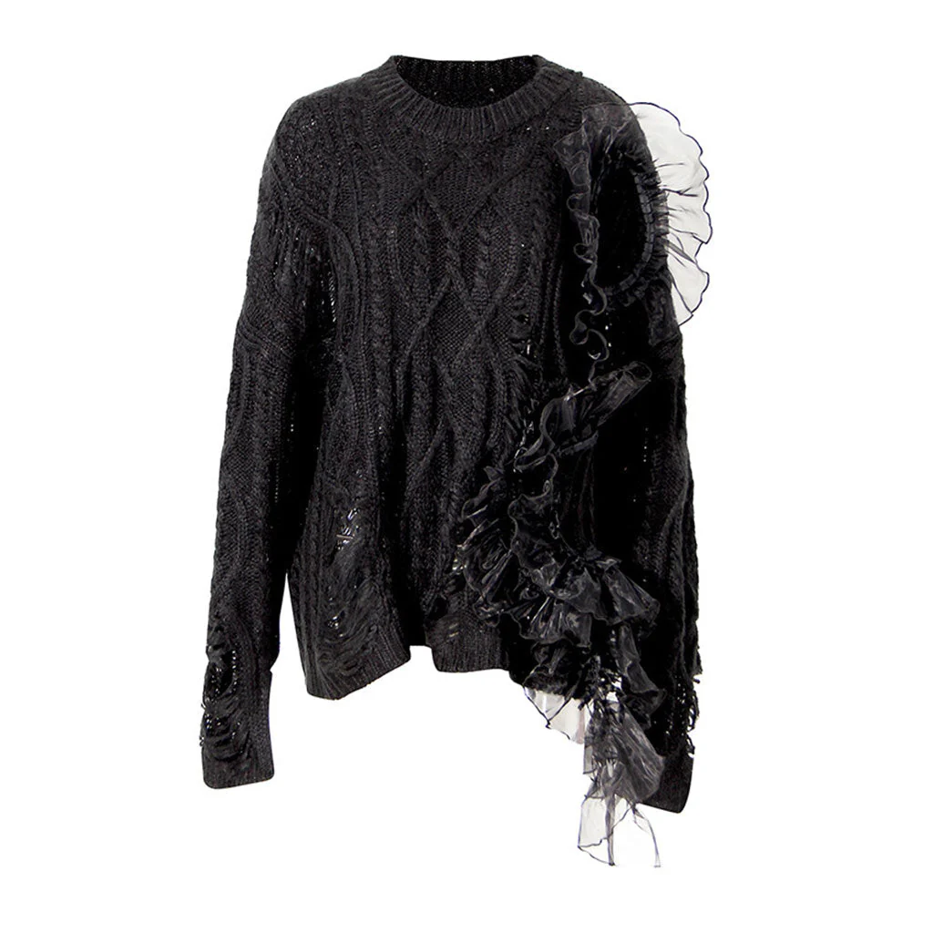 Oversized Ruffle Trim Distressed Detail Round Neck Fisherman Cable Knit Sweater - Image 2
