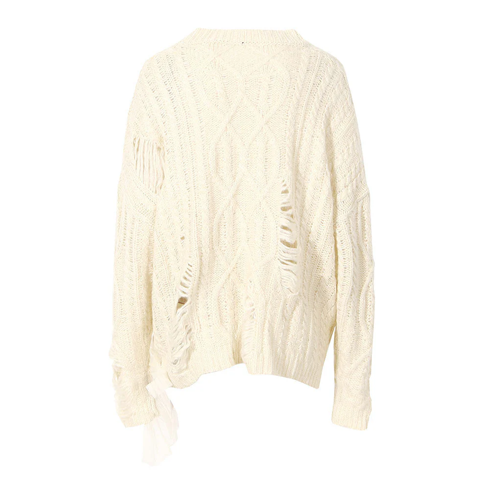 Oversized Ruffle Trim Distressed Detail Round Neck Fisherman Cable Knit Sweater - Image 3