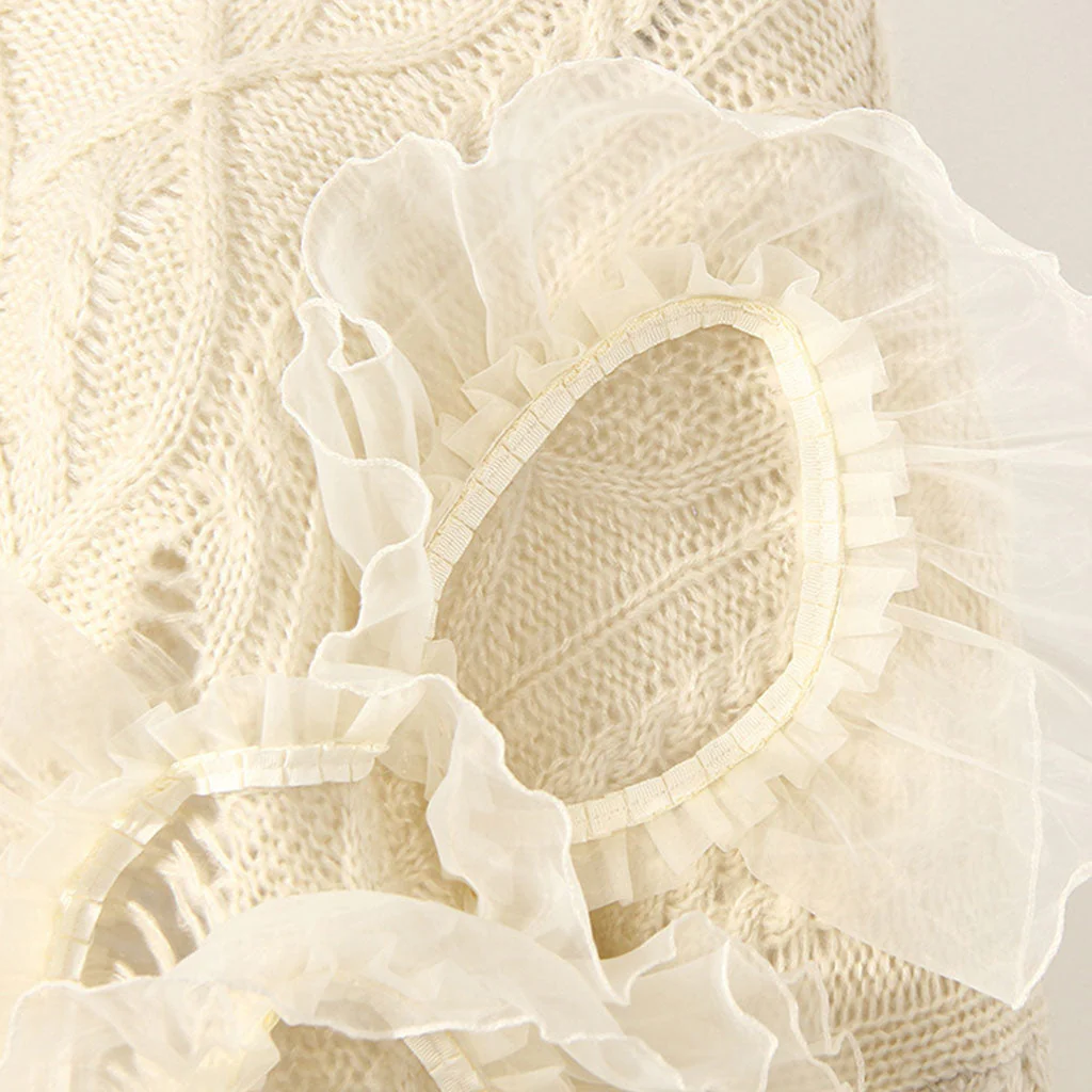 Oversized Ruffle Trim Distressed Detail Round Neck Fisherman Cable Knit Sweater - Image 5
