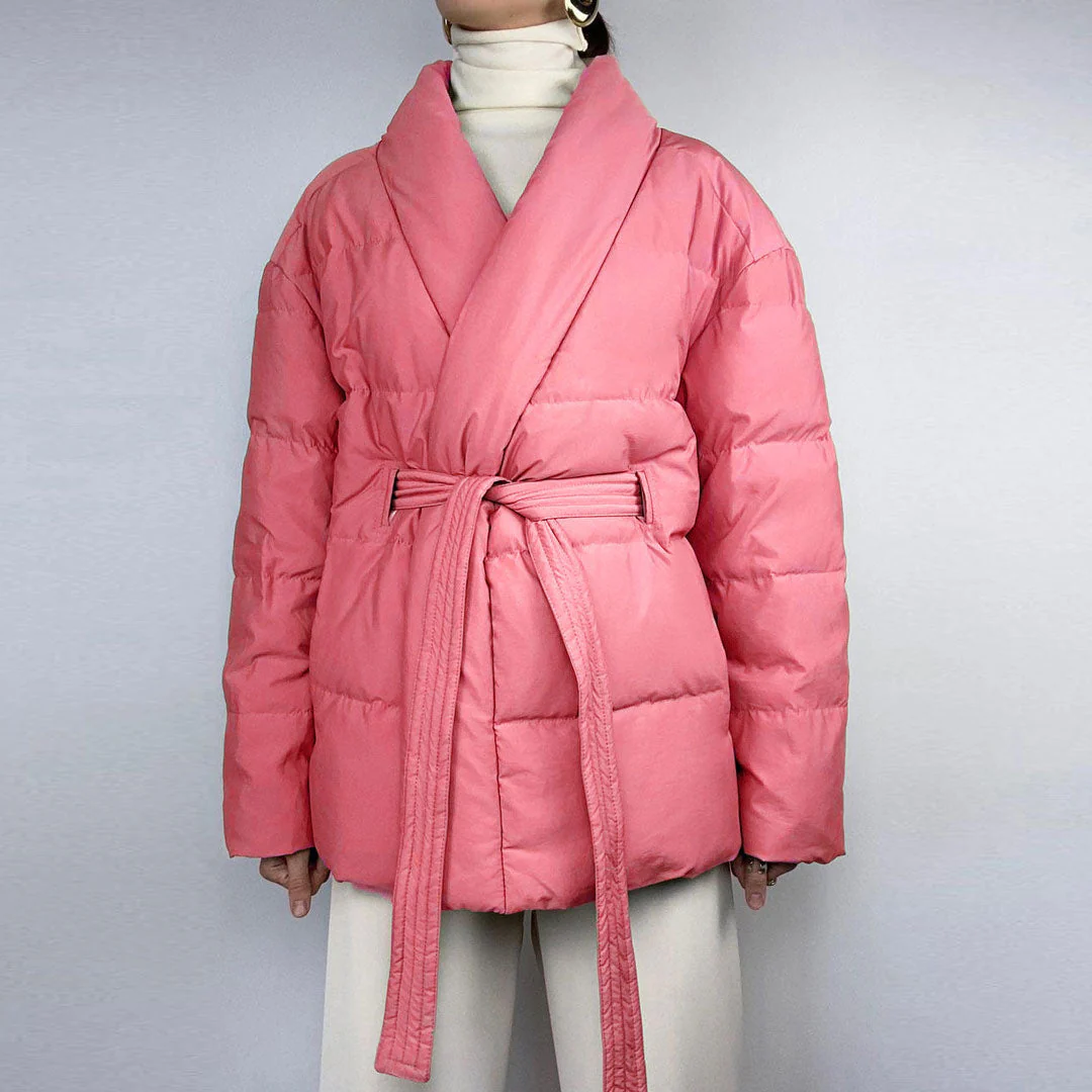 Oversized Shawl Collar Long Sleeve Belted Puffer Jacket - Coral Pink - Image 2