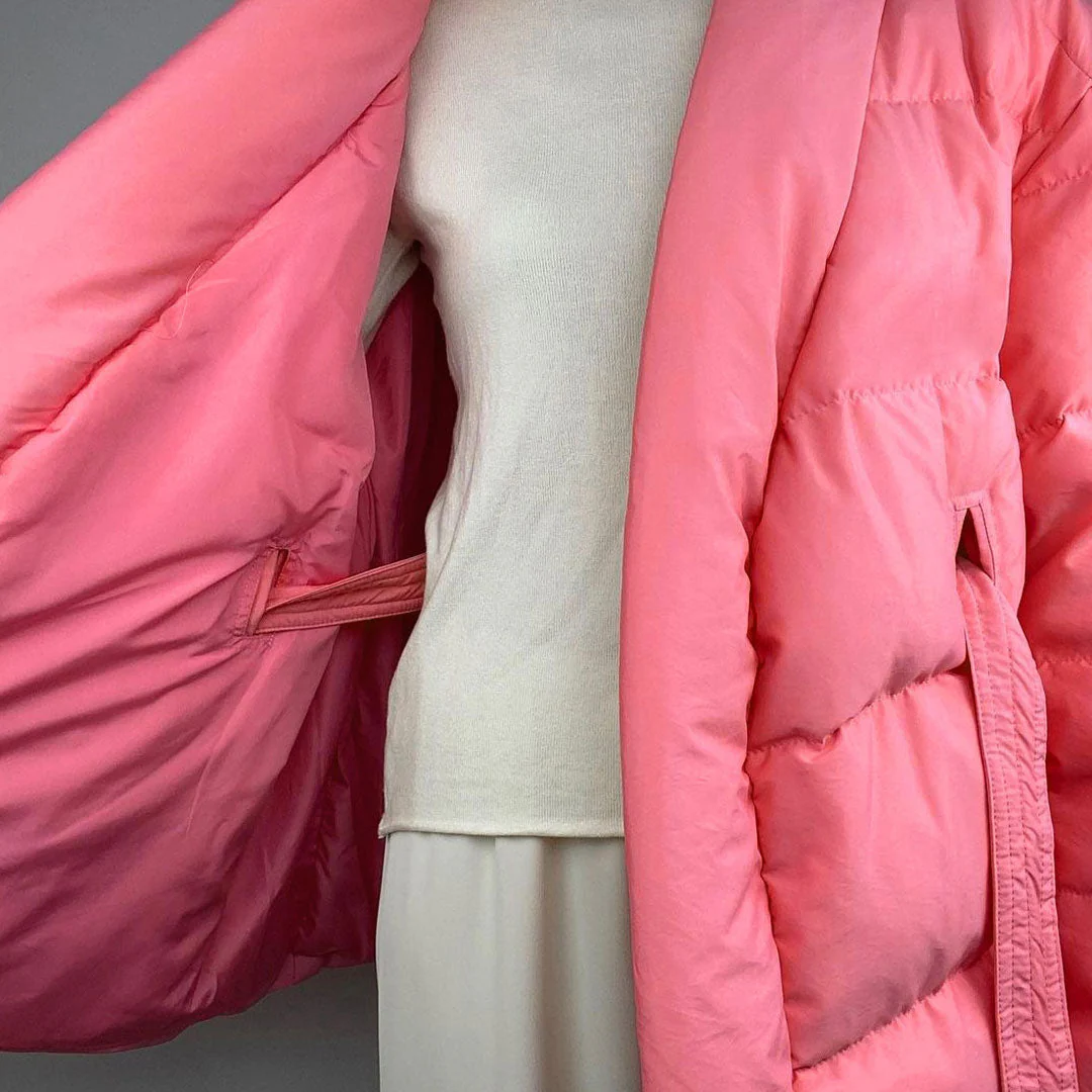 Oversized Shawl Collar Long Sleeve Belted Puffer Jacket - Coral Pink - Image 3