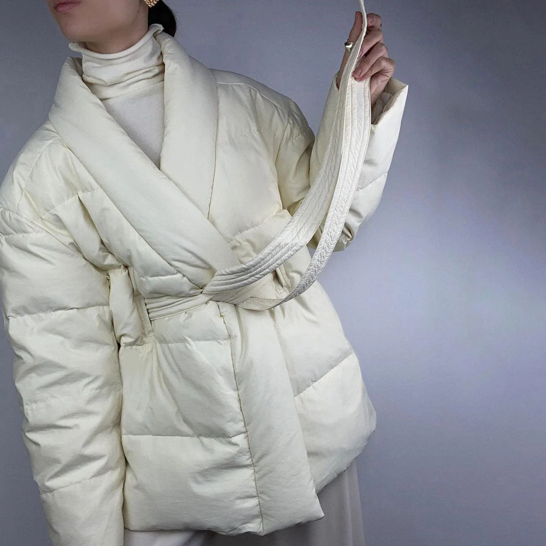 Oversized Shawl Collar Long Sleeve Belted Puffer Jacket - White - Image 2