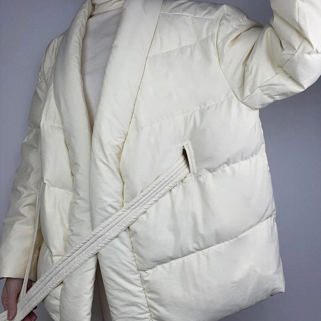 Oversized Shawl Collar Long Sleeve Belted Puffer Jacket - White - Image 3